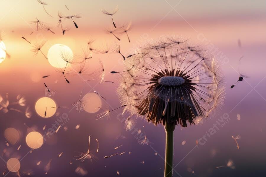 Foto Dente de Leão Sementes Voando Pôr do Sol Dourado