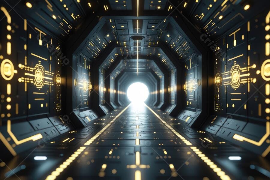 Foto Túnel Tecnológico Escuro Iluminação Circular Dourada