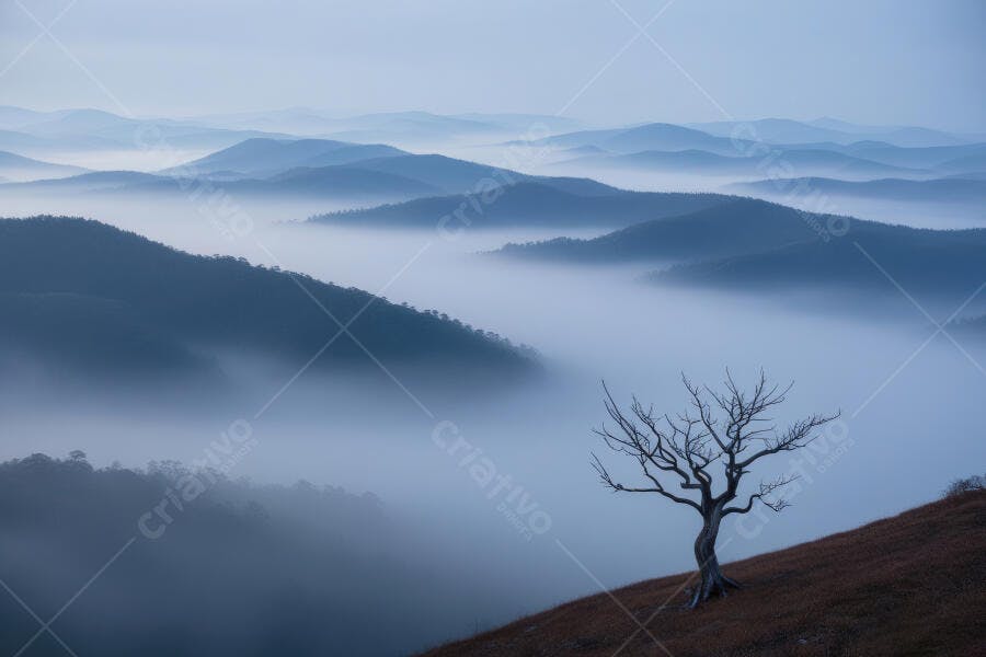 Foto Paisagem Montanhas Neblina Árvore Solitária Amanhecer