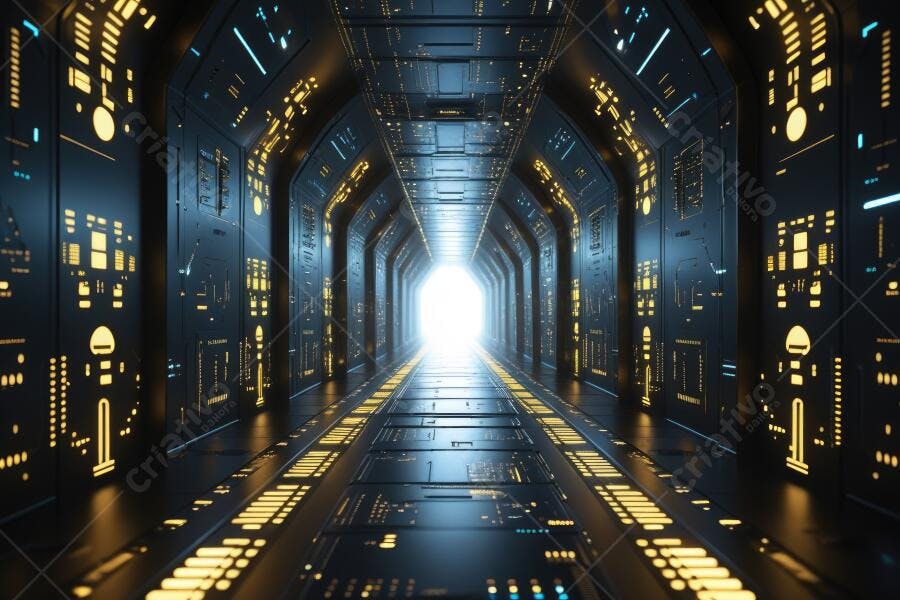 Foto Corredor Tecnológico Futurista Iluminado Azul e Dourado