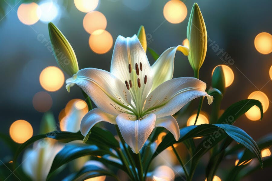 Foto Lírio Branco Florido Botões Fundo Bokeh Dourado