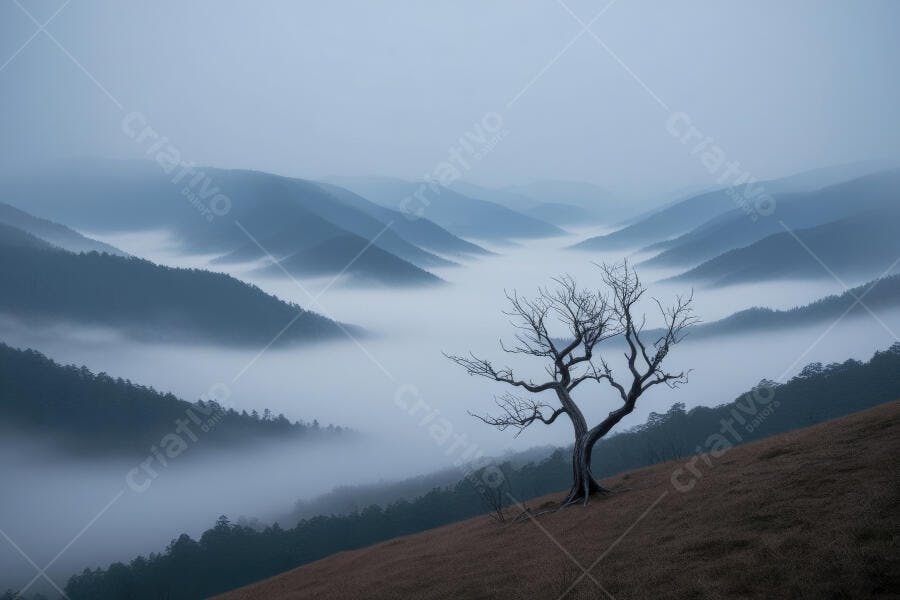 Foto Árvore Seca Montanhas Nevoeiro Manhã Cinzenta