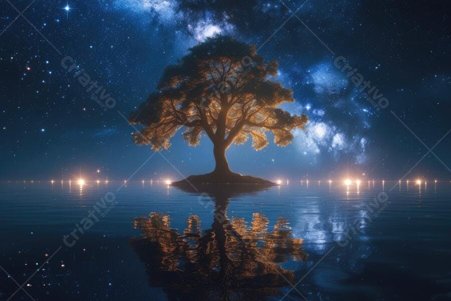 Foto Árvore Solitária Iluminada Noite Estrelada Reflexo Água