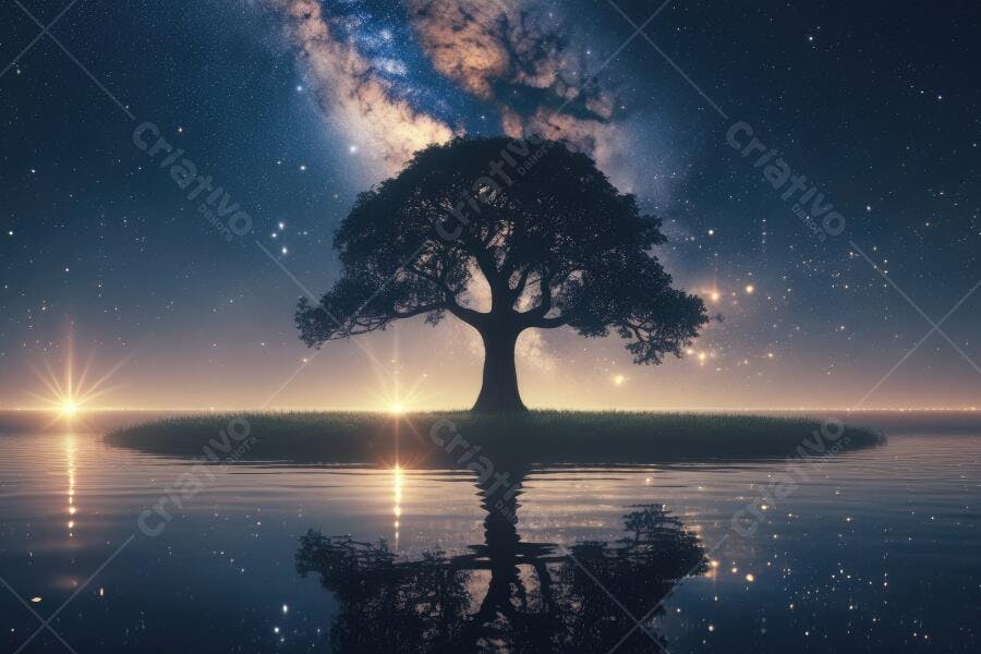 Foto Árvore Solitária Noite Estrelada Reflexo na Água