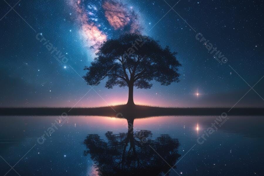 Foto Árvore Solitária Refletida Lago Noite Estrelada Via Láctea
