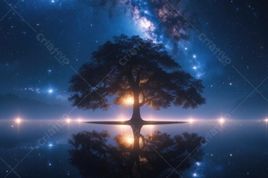 Árvore Solitária Reflexo Água Céu Estrelado Via Láctea