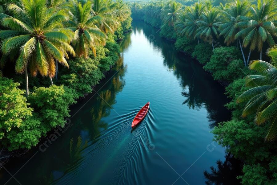 Foto Aérea Canoa Vermelha Rio Tropical Palmeiras Verdes