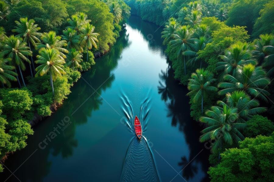 Foto Aérea Barco Vermelho Rio Amazônico Floresta Tropical