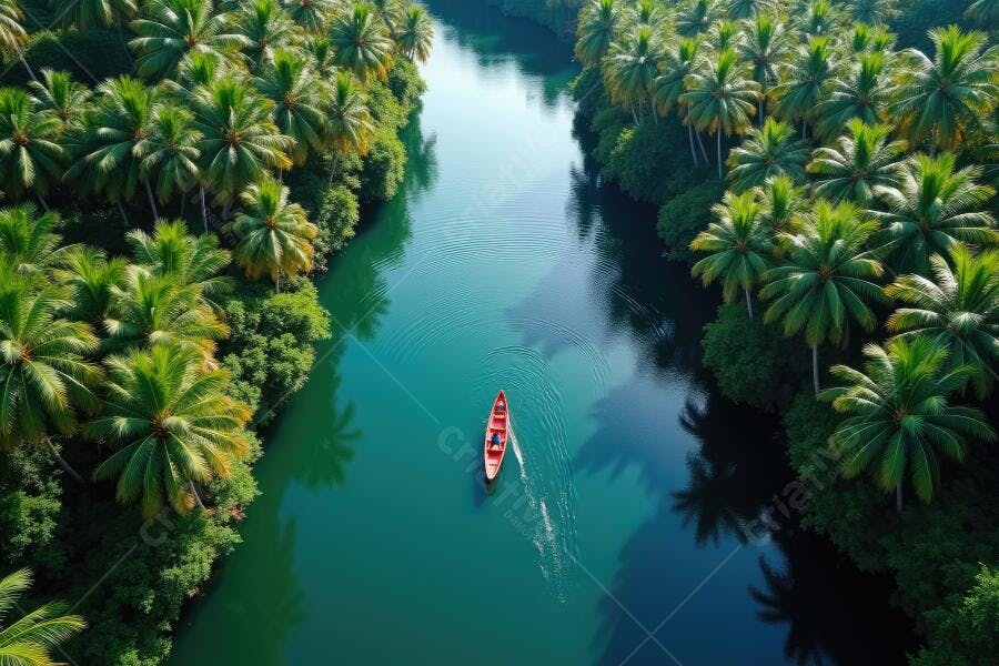 Foto Aérea Canoa Vermelha Rio Palmeiras Tropicais