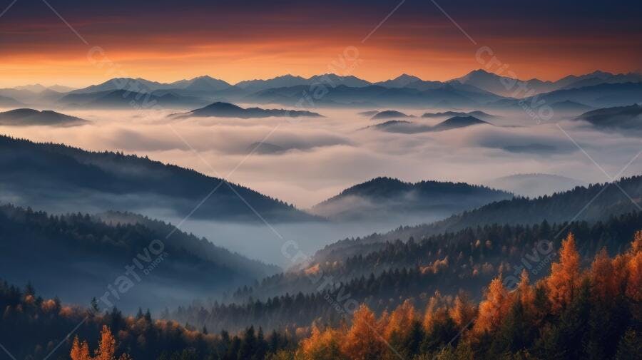 Foto Paisagem Montanhas Nevoeiro Amanhecer Outono