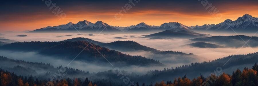 Foto Montanhas Nevadas Névoa Vale Amanhecer Laranja