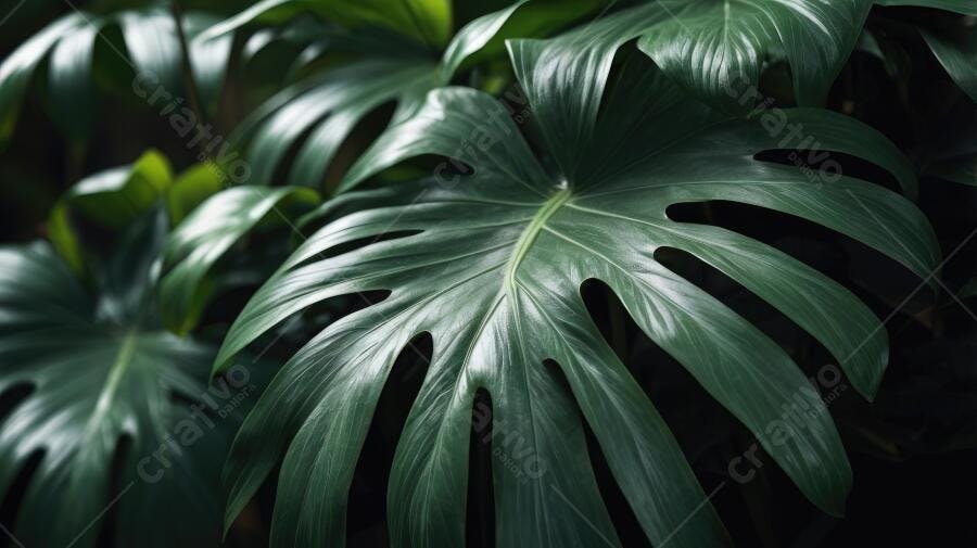 Foto Folha Costela de Adão Verde Escuro Tropical Fundo Preto