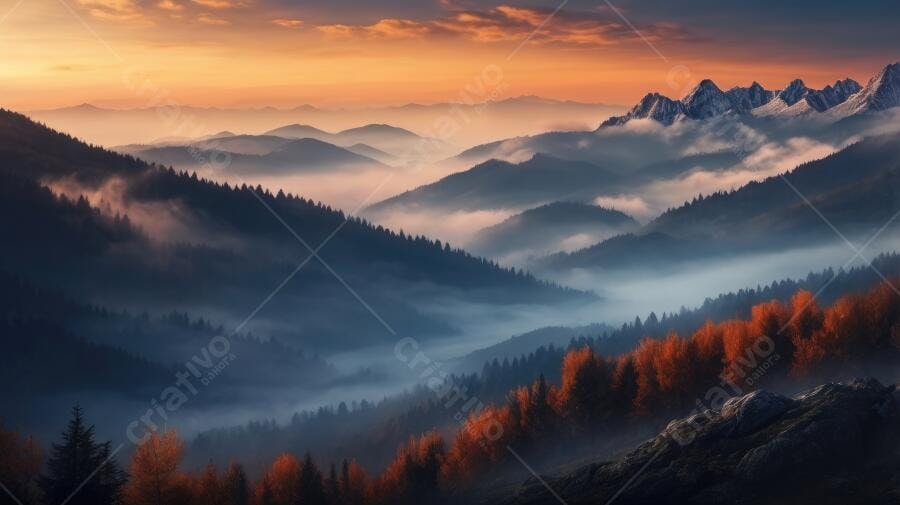 Foto Paisagem Montanhas Nevoeiro Amanhecer Outono