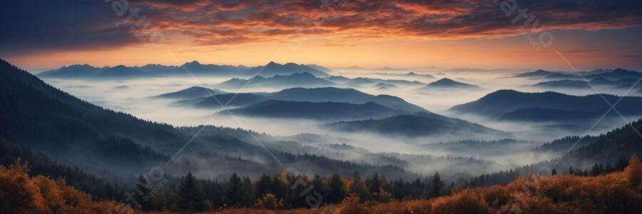 Foto Montanhas Nevoeiro Amanhecer Céu Laranja Panorâmica