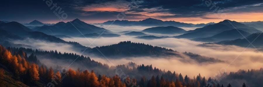 Foto Montanhas Nevoeiro Amanhecer Outono Paisagem Natural