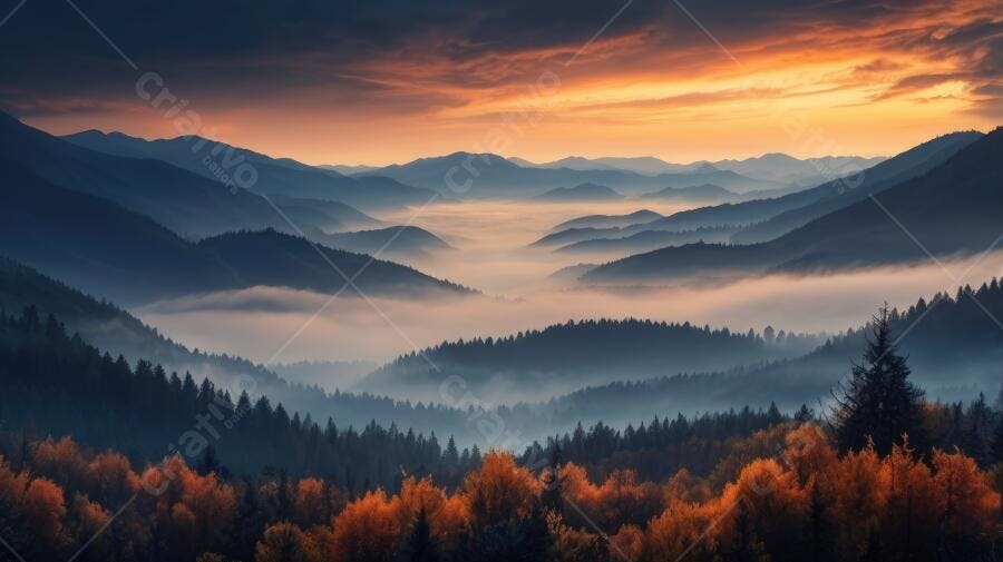 Foto Montanhas Nevoeiro Amanhecer Floresta Outono Céu Laranja