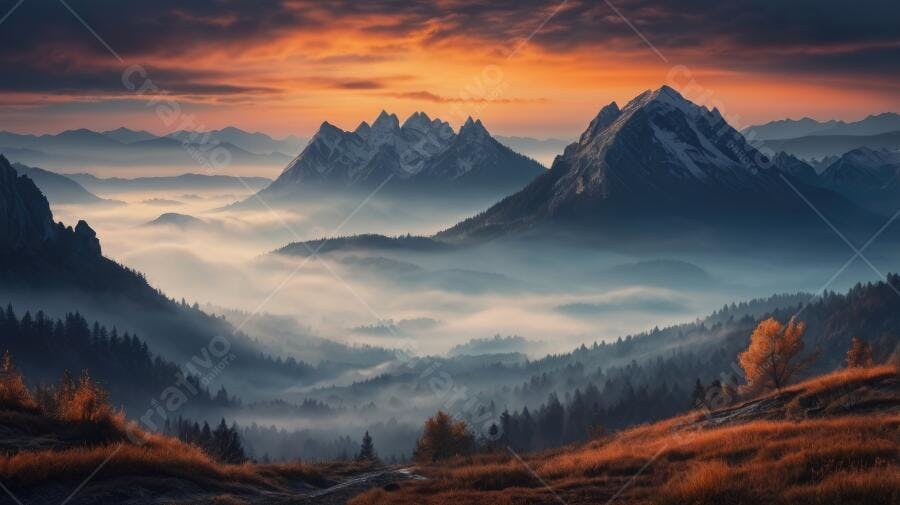 Foto Montanhas Nevadas Vale Neblina Pôr do Sol Laranja