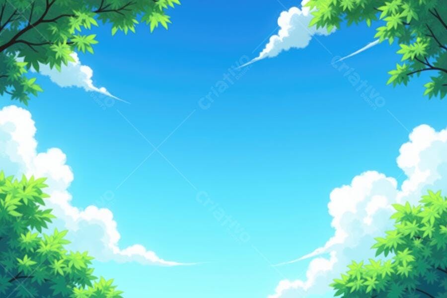 Céu Azul com Nuvens e Folhas Verdes Fundo Natureza Ilustração