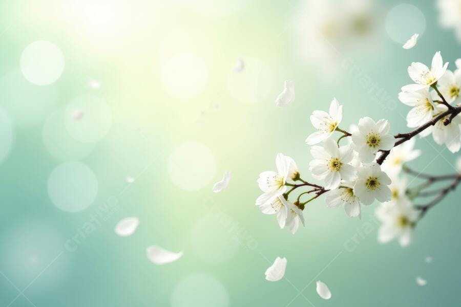 Foto Flores Brancas Primavera Pétalas Caindo Fundo Azul Claro