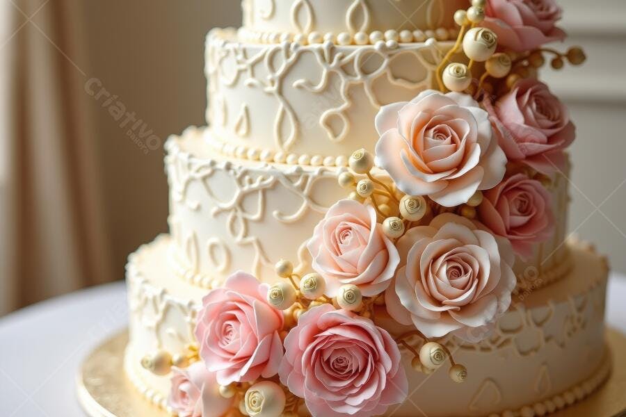 Foto Bolo de Casamento Branco Rosas Rosadas Detalhes Dourados