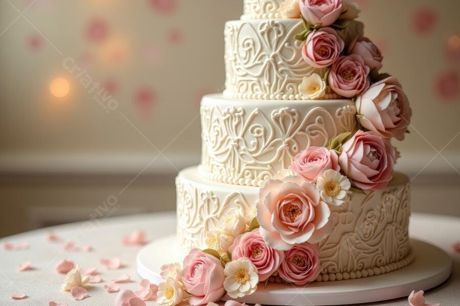 Foto Bolo de Casamento Branco com Rosas Rosadas Elegante