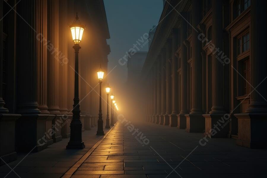 Foto Rua Antiga Neblina Lâmpadas Aceso Noite Escura