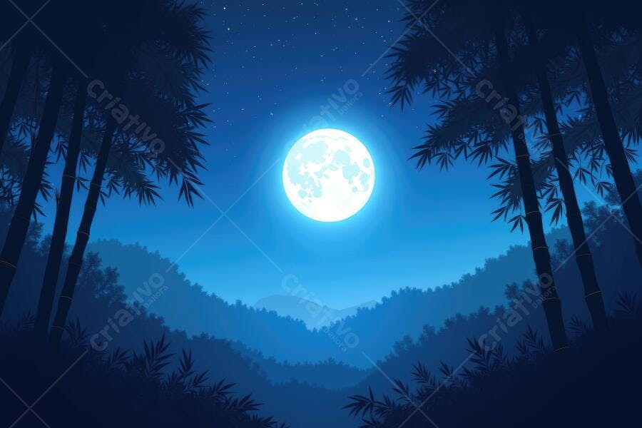 Ilustração Lua Cheia Noite Floresta Bambu Azul Escuro