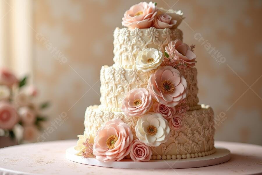 Foto Bolo de Casamento Três Andares Rosas Delicadas