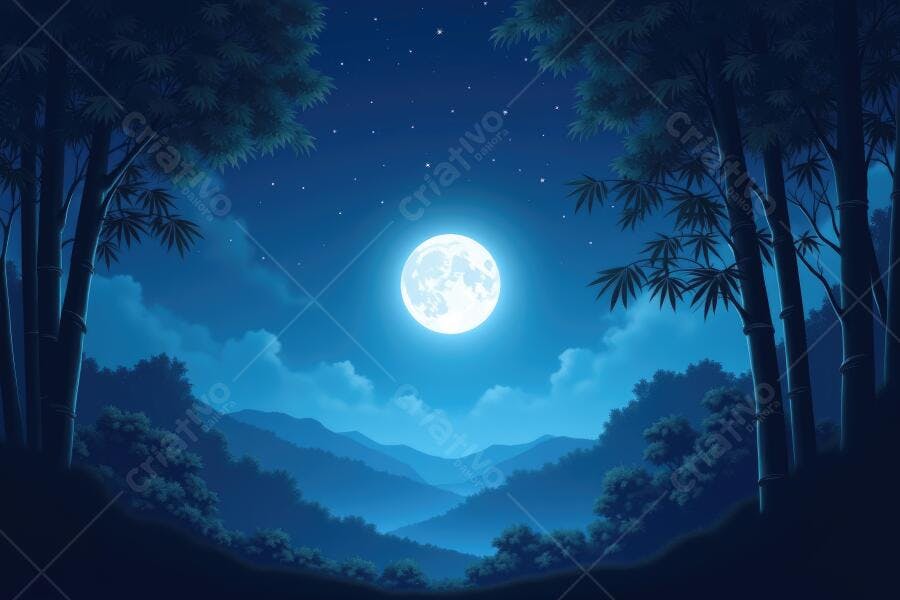 Ilustração Floresta Noturna Lua Cheia Estrelas Céu Azul Escuro