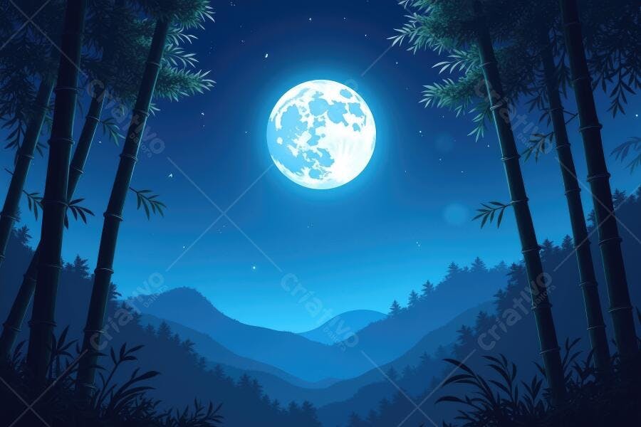 Ilustração Lua Cheia Noite Floresta de Bambu Azul Escuro