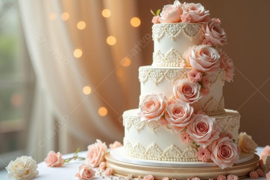 Foto Bolo de Casamento Três Andares Rosas Rosadas