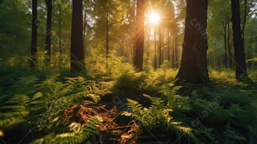 Foto Floresta com Sol Raiando entre Árvores e Samambaias