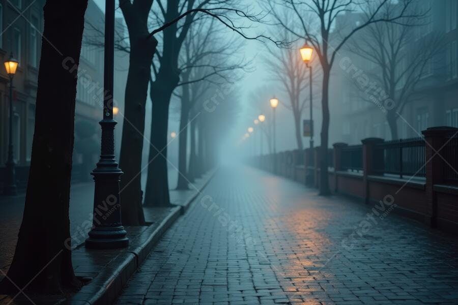 Foto Rua Neblina Noturna Iluminação Postes de Luz Ambiente Misterioso