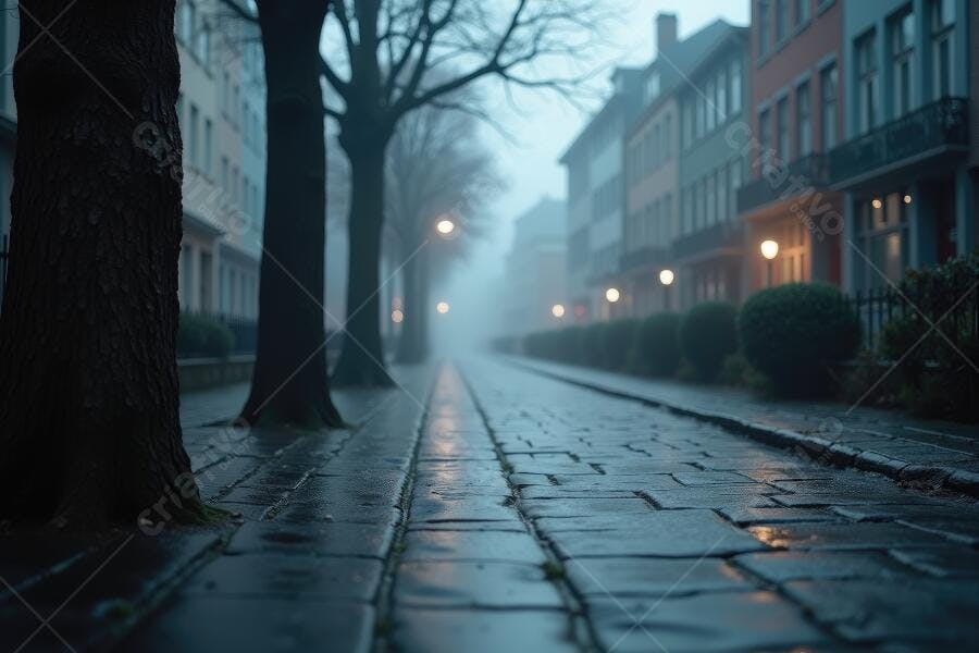 Foto Rua Nebulosa Calçada Molhada Árvores Iluminação Urbana