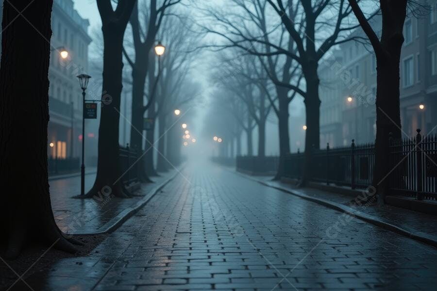 Foto Rua Neblina Árvores Iluminação Urbana Noturna