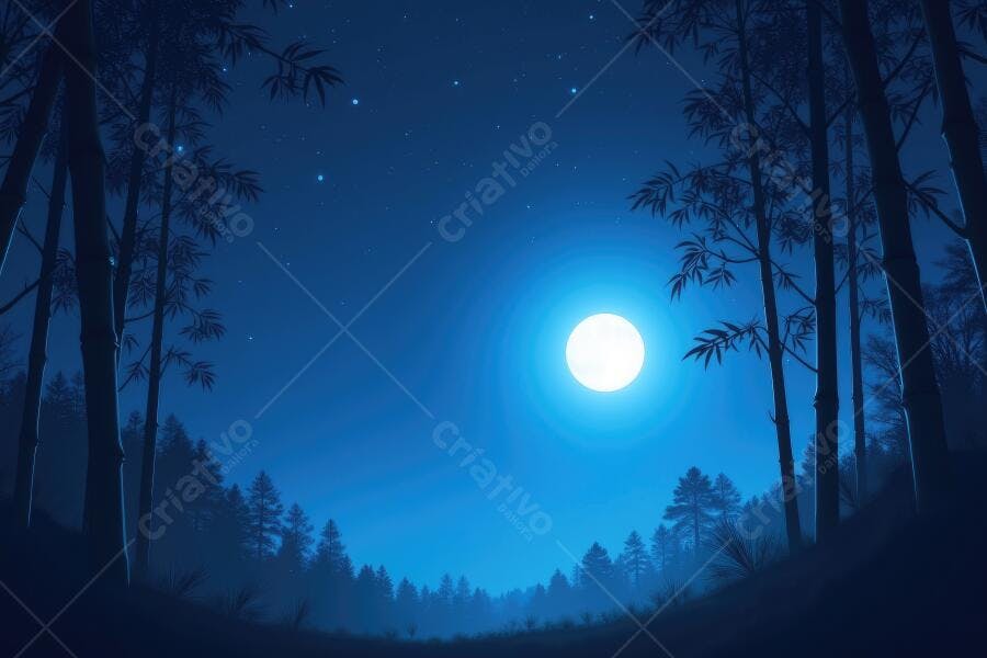 Ilustração Floresta Noturna Lua Cheia Céu Estrelado Azul Escuro