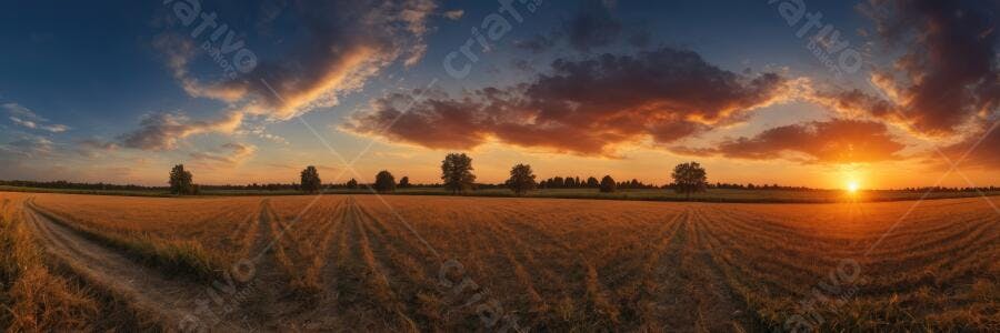 Foto Campo de Trigo Pôr do Sol Céu Alaranjado Panorâmico