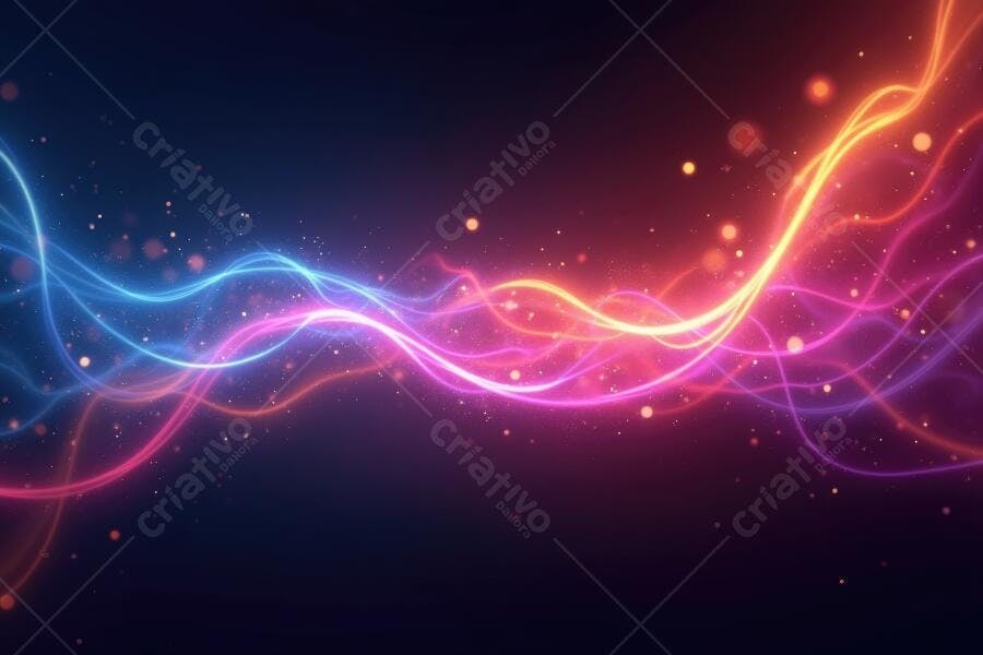 Foto Abstrata Ondas de Luz Neon Azul Rosa Laranja Escuro