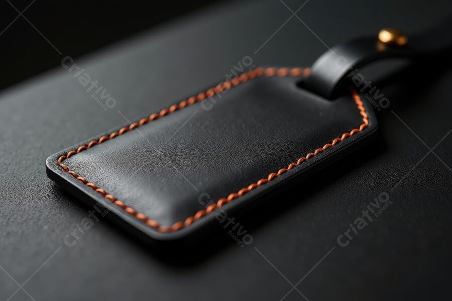 Foto Etiqueta de Bagagem Couro Preto Costura Laranja Detalhe