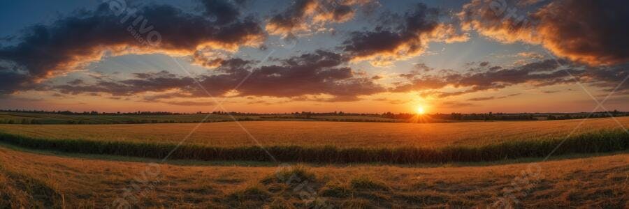 Foto Panorâmica Campo de Trigo Pôr do Sol Dourado Nuvens