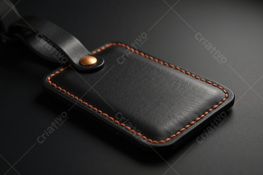 Foto Etiqueta de Bagagem Couro Preto Costura Laranja