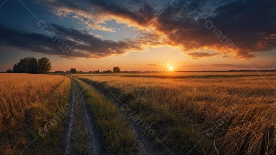 Foto Campo de Trigo Estrada de Terra Pôr do Sol Dourado