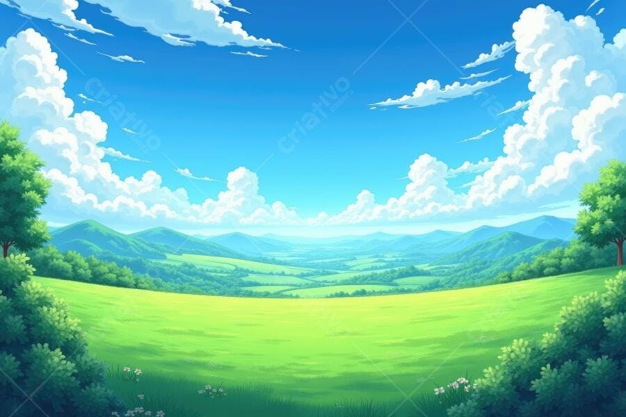 Paisagem Anime Campo Verde Montanhas Céu Azul Nuvens