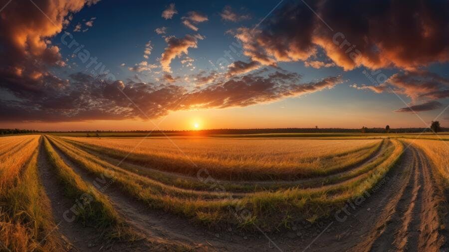 Foto Campo de Trigo Dourado Pôr do Sol Céu Nublado Panorâmica