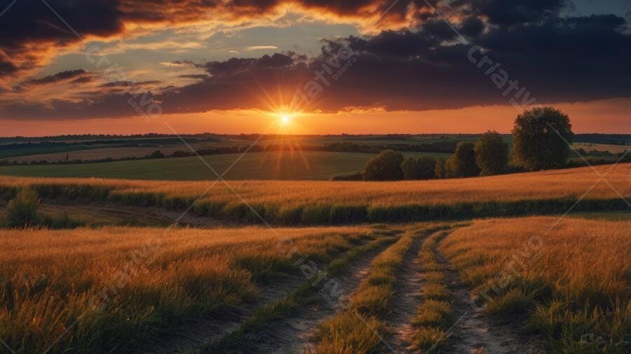 Foto Pôr do Sol Campo de Trigo Estrada Rural Dourada