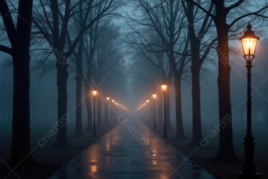 Foto Alameda Árvores Neblina Postes Iluminados Noite