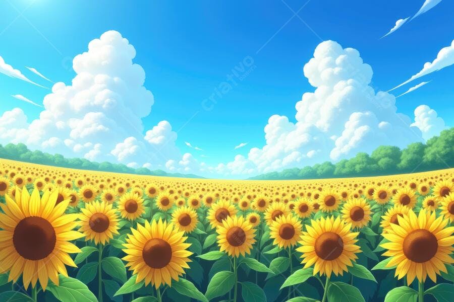 Foto Campo de Girassóis Céu Azul Nuvens Brancas Verão