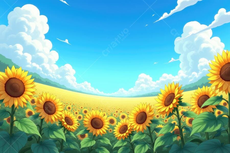 Ilustração Campo de Girassóis Céu Azul Nuvens Brancas