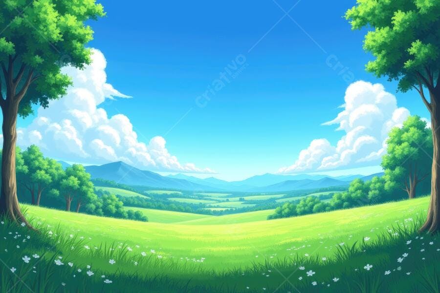 Cenário Anime Campo Verde Montanhas Céu Azul Nuvens