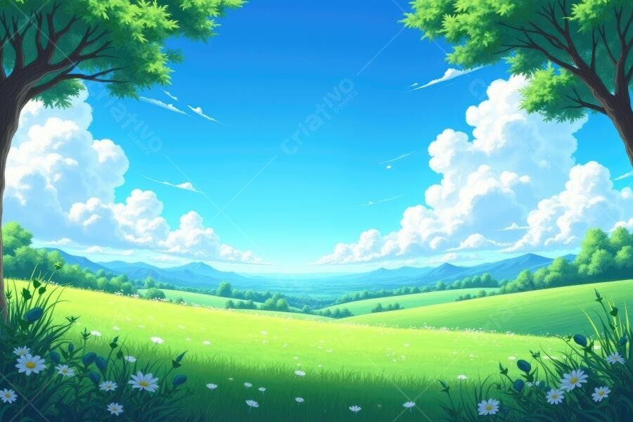 Paisagem Anime Campo Verde Céu Azul Nuvens Brancas